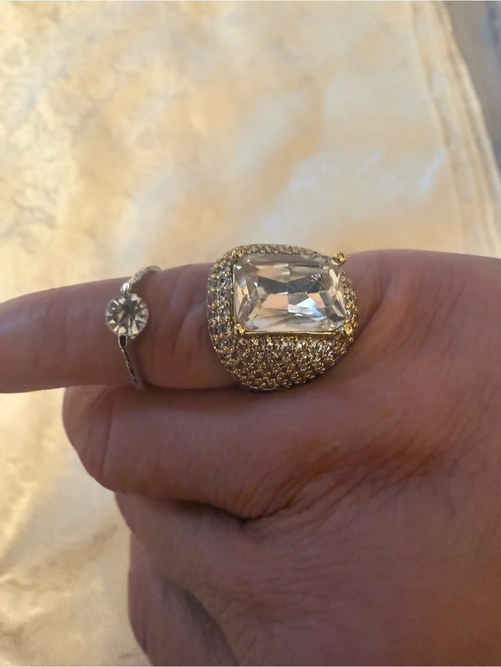 Gold Tone Rectangular Clear Crystal Cocktail Ring Adjustable Size 8 bundle of 2